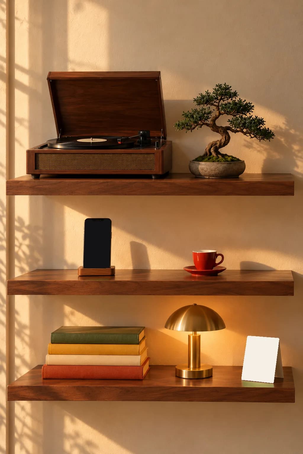 A walnut wall shelf with a record player, a bonsai, a coffee cup, a phone, books, a brass lamp and a table card